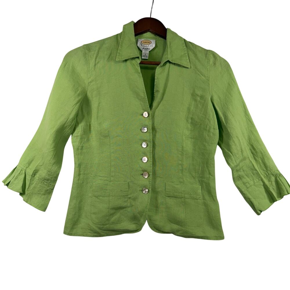Talbots Women’s 2 Petite Irish Linen Blouse Green Ruffled Sleeves Button Up EUC - Picture 2 of 8